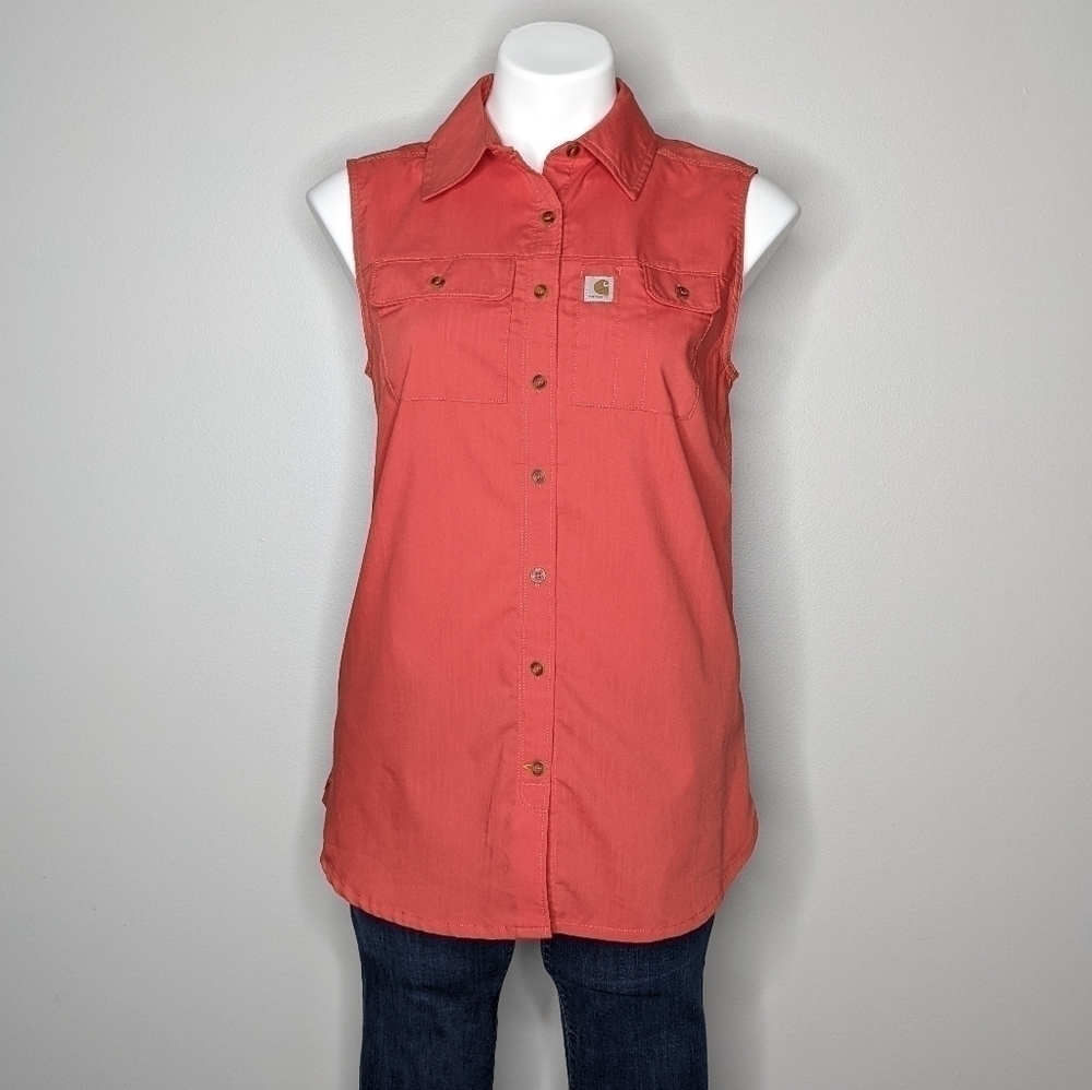 ✨3/$15 NWT Carhartt Force orange sleeveless button up work shirt S